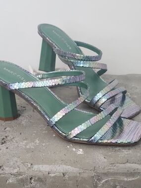 Marc Fisher Iridescent Teal Multi-Strip Block Heel Sandals